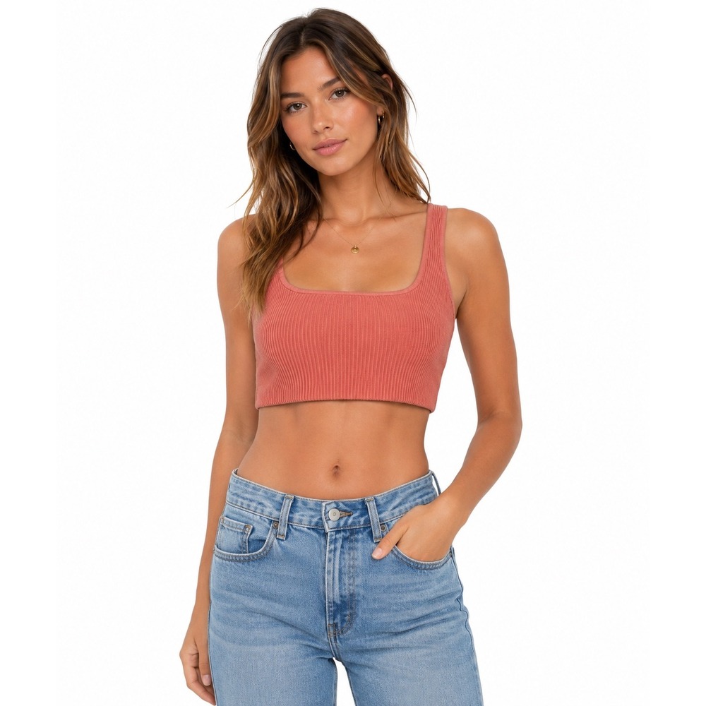 Babaton Sculpt Knit Cropped Tank Top L Peach Ribbed Square Neck Summer  Basic